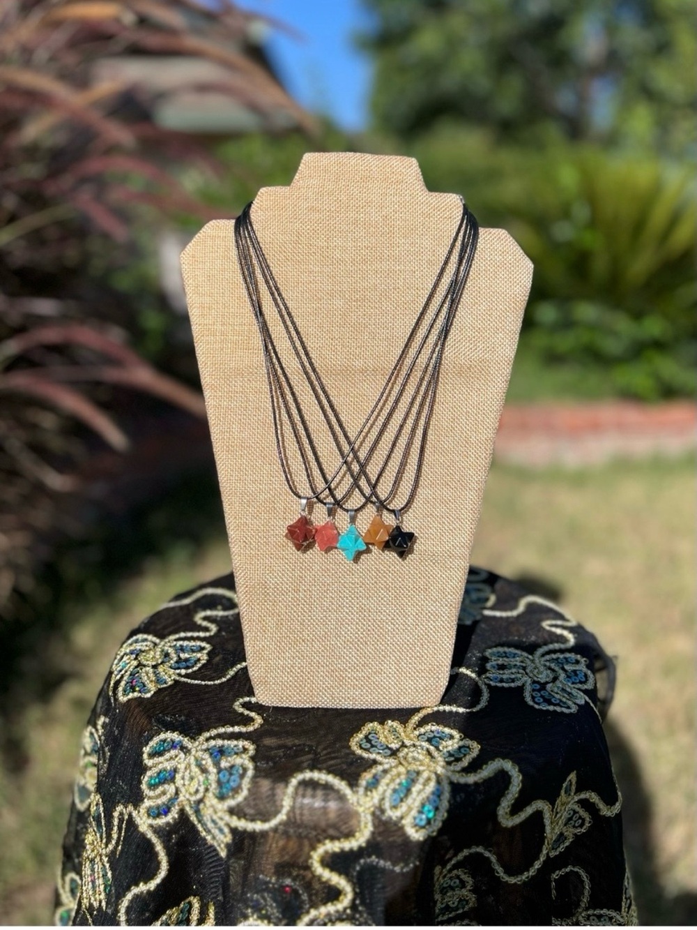 Multi-Color Star Pendant Necklaces on Black Cord